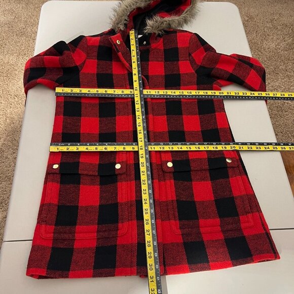 J Crew Jacket Womens 6 Red Vail Parka Coat Buffalo Check Plaid‎ Faux Fur Hood - Picture 2 of 13